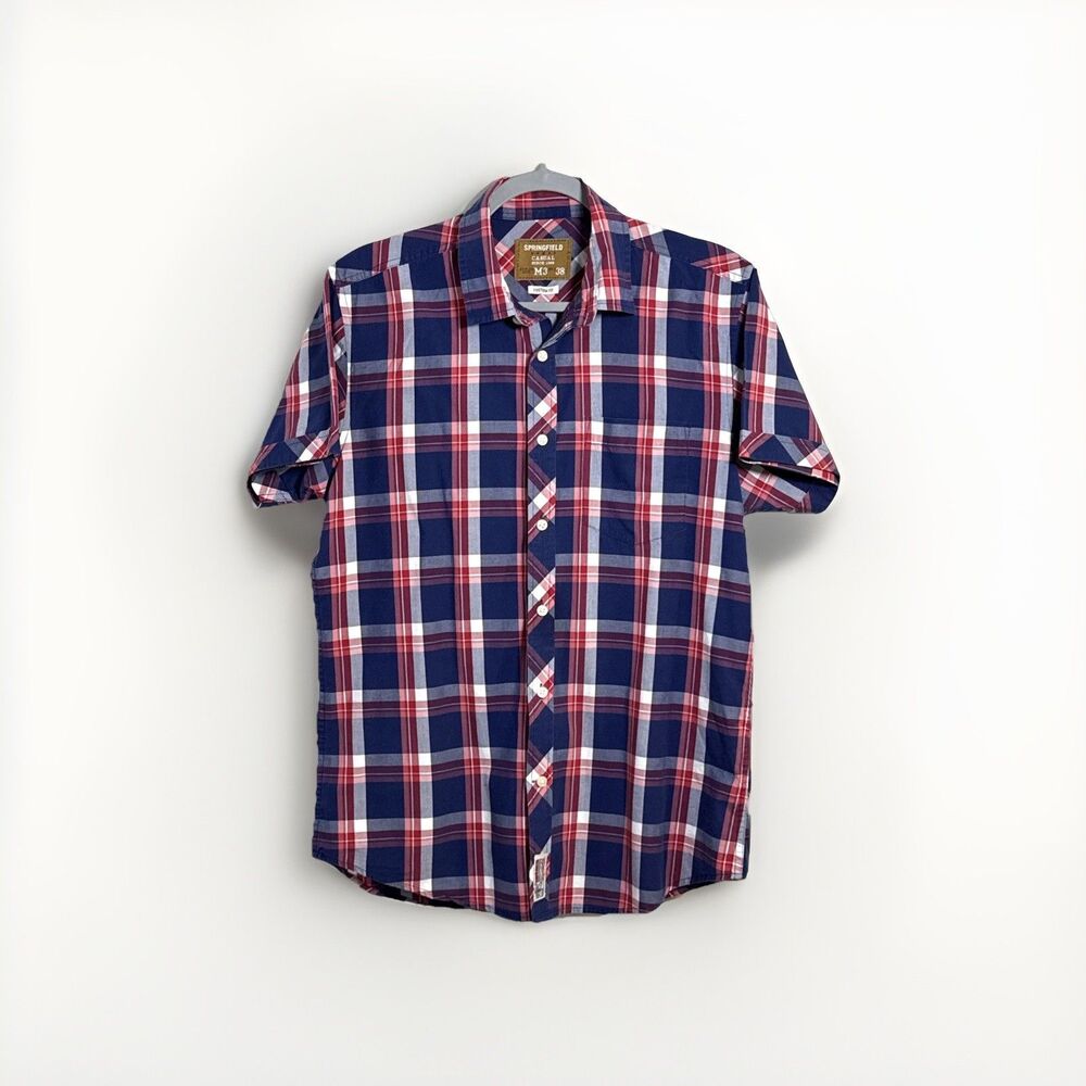 Springfield Custom Fit Men’s Button Up Shirt Short Sleeve Checkered Size Medium